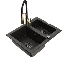 Granitinė virtuvinė plautuvė Mexen Carlos su maišytuvu ir sifonu, Metallic juodas/auksinis+Juodas/Gold