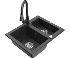 Granitinė virtuvinė plautuvė Mexen Carlos su maišytuvu ir sifonu, Juodas granite
