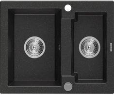 Granitinė virtuvinė plautuvė Mexen Carlos su sifonu, Metallic juodas/sidabrinis+Chrome, 582 x 475 mm