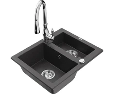 Granitinė virtuvinė plautuvė Mexen Carlos su maišytuvu ir sifonu, Juodas granite+Chrome