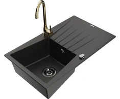 Granitinė virtuvinė plautuvė Mexen Cesar su maišytuvu ir sifonu, Metallic juodas/auksinis+Gold