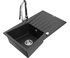 Granitinė virtuvinė plautuvė Mexen Cesar su maišytuvu ir sifonu, Metallic juodas/sidabrinis+Chrome
