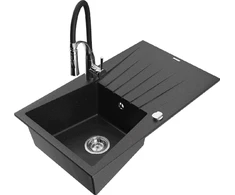 Granitinė virtuvinė plautuvė Mexen Cesar su maišytuvu ir sifonu, Metallic juodas/sidabrinis+Juodas/Chrome