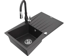 Granitinė virtuvinė plautuvė Mexen Cesar su maišytuvu ir sifonu, Juodas granite
