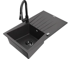 Granitinė virtuvinė plautuvė Mexen Cesar su maišytuvu ir sifonu, Juodas granite+Juodas