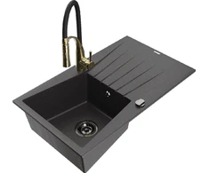 Granitinė virtuvinė plautuvė Mexen Cesar su maišytuvu ir sifonu, Juodas granite+Juodas/Gold