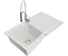 Granitinė virtuvinė plautuvė Mexen Cesar su maišytuvu ir sifonu, Baltas+Baltas/Chrome