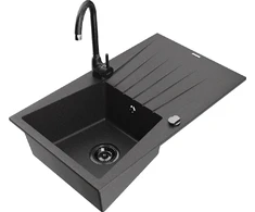 Granitinė virtuvinė plautuvė Mexen Cesar su maišytuvu ir sifonu, Juodas granite+Juodas