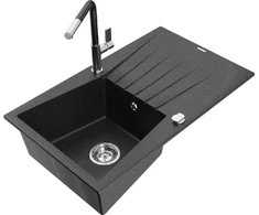 Granitinė virtuvinė plautuvė Mexen Cesar su maišytuvu ir sifonu, Metallic juodas/sidabrinis+Juodas/Chrome