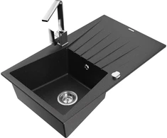 Granitinė virtuvinė plautuvė Mexen Cesar su maišytuvu ir sifonu, Metallic juodas/sidabrinis+Chrome