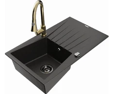 Granitinė virtuvinė plautuvė Mexen Cesar su maišytuvu ir sifonu, Metallic juodas/auksinis+Gold
