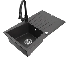 Granitinė virtuvinė plautuvė Mexen Cesar su maišytuvu ir sifonu, Juodas granite+Juodas