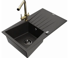 Granitinė virtuvinė plautuvė Mexen Cesar su maišytuvu ir sifonu, Metallic juodas/auksinis+Gold