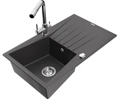 Granitinė virtuvinė plautuvė Mexen Cesar su maišytuvu ir sifonu, Juodas granite+Chrome