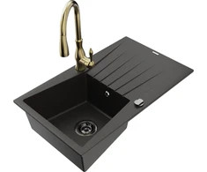 Granitinė virtuvinė plautuvė Mexen Cesar su maišytuvu ir sifonu, Metallic juodas/auksinis+Gold