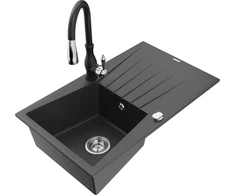 Granitinė virtuvinė plautuvė Mexen Cesar su maišytuvu ir sifonu, Juodas granite+Juodas
