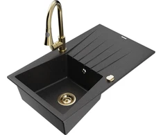 Granitinė virtuvinė plautuvė Mexen Cesar su maišytuvu ir sifonu, Metallic juodas/sidabrinis+Gold