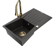 Granitinė virtuvinė plautuvė Mexen Cesar su maišytuvu ir sifonu, Metallic juodas/auksinis+Gold