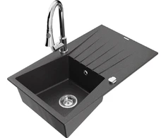 Granitinė virtuvinė plautuvė Mexen Cesar su maišytuvu ir sifonu, Juodas granite+Chrome