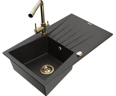 Granitinė virtuvinė plautuvė Mexen Cesar su maišytuvu ir sifonu, Metallic juodas/auksinis+Gold