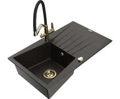Granitinė virtuvinė plautuvė Mexen Cesar su maišytuvu ir sifonu, Metallic juodas/auksinis+Juodas/Gold