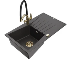 Granitinė virtuvinė plautuvė Mexen Cesar su maišytuvu ir sifonu, Juodas granite+Juodas/Gold