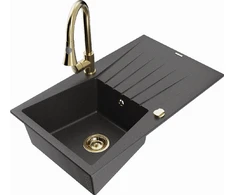 Granitinė virtuvinė plautuvė Mexen Cesar su maišytuvu ir sifonu, Juodas granite+Gold
