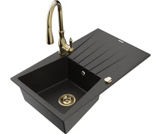 Granitinė virtuvinė plautuvė Mexen Cesar su maišytuvu ir sifonu, Metallic juodas/auksinis+Gold
