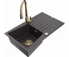 Granitinė virtuvinė plautuvė Mexen Cesar su maišytuvu ir sifonu, Juodas granite+Gold