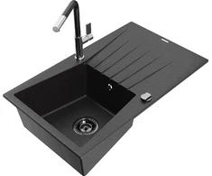 Granitinė virtuvinė plautuvė Mexen Cesar su maišytuvu ir sifonu, Metallic juodas/sidabrinis+Juodas/Chrome