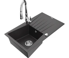 Granitinė virtuvinė plautuvė Mexen Cesar su maišytuvu ir sifonu, Juodas granite+Chrome