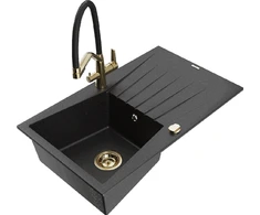 Granitinė virtuvinė plautuvė Mexen Cesar su maišytuvu ir sifonu, Metallic juodas/sidabrinis+Juodas/Gold