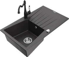 Granitinė virtuvinė plautuvė Mexen Cesar su maišytuvu ir sifonu, Juodas granite+Juodas