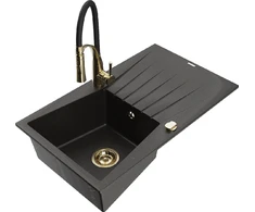 Granitinė virtuvinė plautuvė Mexen Cesar su maišytuvu ir sifonu, Metallic juodas/auksinis+Juodas/Gold