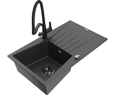 Granitinė virtuvinė plautuvė Mexen Cesar su maišytuvu ir sifonu, Juodas granite+Juodas