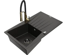Granitinė virtuvinė plautuvė Mexen Cesar su maišytuvu ir sifonu, Metallic juodas/auksinis+Juodas/Gold