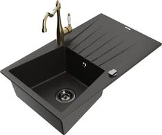 Granitinė virtuvinė plautuvė Mexen Cesar su maišytuvu ir sifonu, Metallic juodas/auksinis+Gold