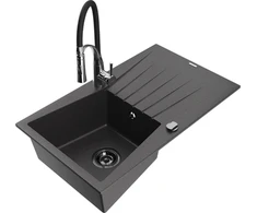 Granitinė virtuvinė plautuvė Mexen Cesar su maišytuvu ir sifonu, Juodas granite+Juodas/Chrome