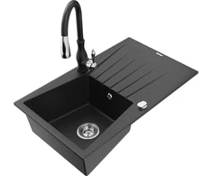 Granitinė virtuvinė plautuvė Mexen Cesar su maišytuvu ir sifonu, Metallic juodas/sidabrinis+Juodas