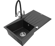 Granitinė virtuvinė plautuvė Mexen Cesar su maišytuvu ir sifonu, Metallic juodas/sidabrinis+Juodas/Chrome