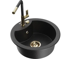 Granitinė virtuvinė plautuvė Mexen Diego su maišytuvu ir sifonu, Metallic juodas/sidabrinis+Juodas/Gold
