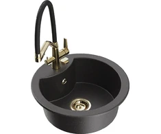 Granitinė virtuvinė plautuvė Mexen Diego su maišytuvu ir sifonu, Juodas granite+Juodas/Gold