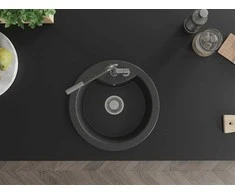 Granitinė virtuvinė plautuvė Mexen Diego su maišytuvu ir sifonu, Juodas granite+Juodas granite/Chrome