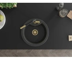 Granitinė virtuvinė plautuvė Mexen Diego su maišytuvu ir sifonu, Juodas granite+Juodas/Gold