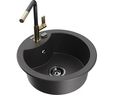 Granitinė virtuvinė plautuvė Mexen Diego su maišytuvu ir sifonu, Juodas granite+Juodas granite/Gold