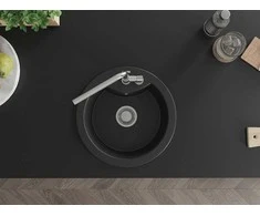 Granitinė virtuvinė plautuvė Mexen Diego su maišytuvu ir sifonu, Metallic juodas/sidabrinis+Chrome
