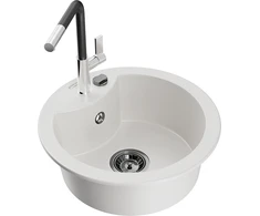 Granitinė virtuvinė plautuvė Mexen Diego su maišytuvu ir sifonu, Baltas+Juodas/Chrome