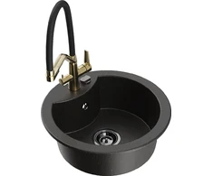 Granitinė virtuvinė plautuvė Mexen Diego su maišytuvu ir sifonu, Metallic juodas/auksinis+Juodas/Gold