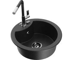 Granitinė virtuvinė plautuvė Mexen Diego su maišytuvu ir sifonu, Metallic juodas/sidabrinis+Juodas/Chrome