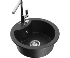 Granitinė virtuvinė plautuvė Mexen Diego su maišytuvu ir sifonu, Metallic juodas/sidabrinis+Chrome